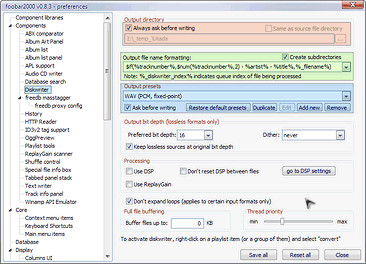Foobar2000: окно настройки параметров кодирования