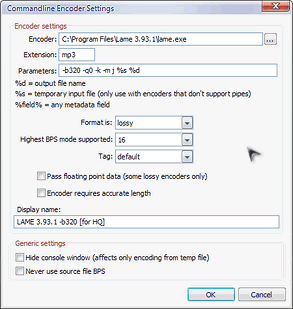 Foobar2000: окно «Commandline Encoding Settings»