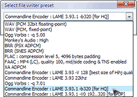 Foobar2000: окно «Select file writer preset»